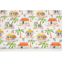 Cotton 100%, exotic huts, surfing on a white background