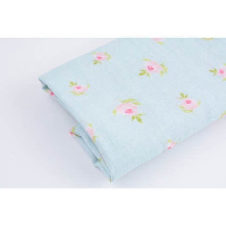 Flat double gauze, muslin 100% cotton roses on a blue background