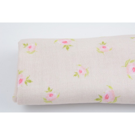 Flat double gauze, muslin 100% cotton roses on a pink background