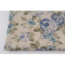 Decorative fabric, blue, large, English roses on a linen background