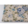 Decorative fabric, blue, large, English roses on a linen background
