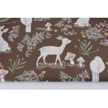 Cotton 100% hares, roe deer on a chocolate background