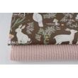 Cotton 100% hares, roe deer on a chocolate background