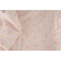 Flat double gauze, muslin 100% cotton roses on a pink background II quality