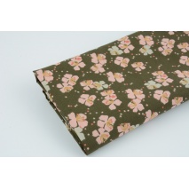 Cotton 100% pink flowers, birds on a brown-green background