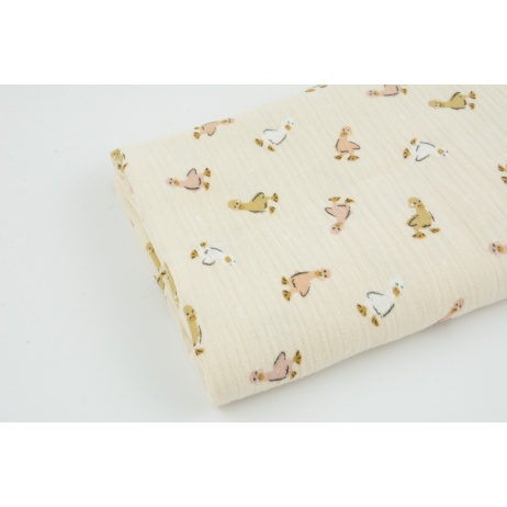 Double gauze 100% cotton, ducklings on a sand beige background