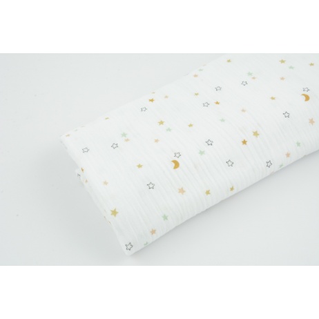 Double gauze 100% cotton, stars, moons on a white background