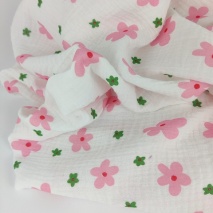 Double gauze 100% cotton pink and green flowers on white
