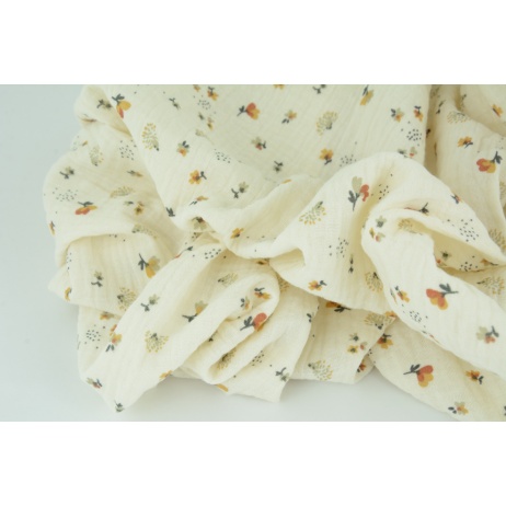 Double gauze 100% cotton, ginger-beige flowers, dots on a vanilla background