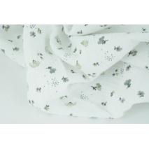 Double gauze 100% cotton, gray-beige flowers, polka dots on a white background