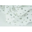 Double gauze 100% cotton, gray-beige flowers, polka dots on a white background