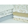 Double gauze 100% cotton, gray-beige flowers, polka dots on a white background