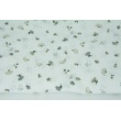 Double gauze 100% cotton, gray-beige flowers, polka dots on a white background