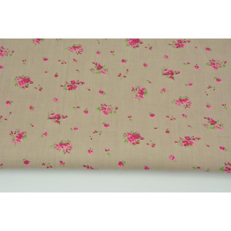 Cotton 100% small fuchsia bouquets on a beige background, poplin