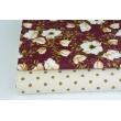 100% cotton, brown dots on a natural background