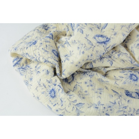 Double gauze 100% cotton blue flowers on a cream background