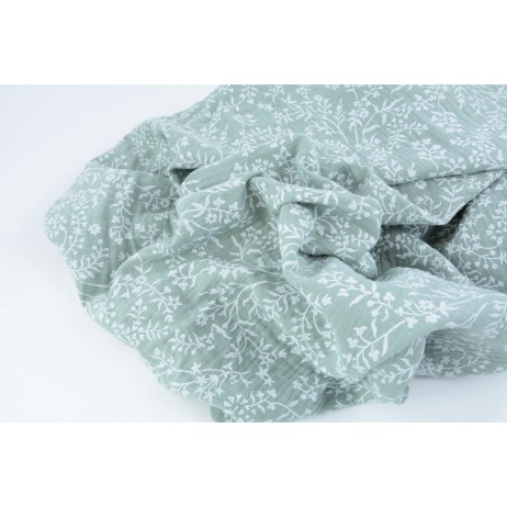 Double gauze 100% cotton, white twigs on fresh sage