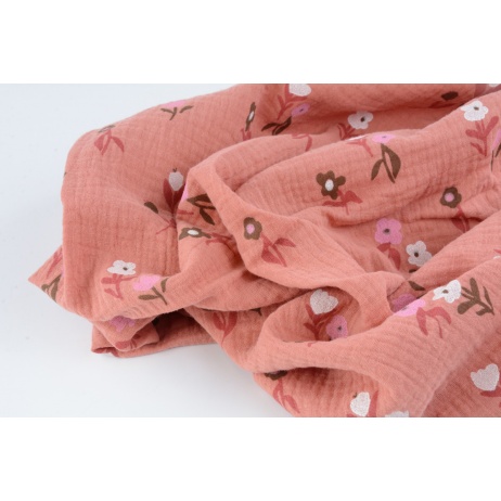 Double gauze 100% cotton, pink and brown flowers on smoky coral