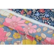 QUILTED fabric, pink flowers on denim/meadow on navy blue