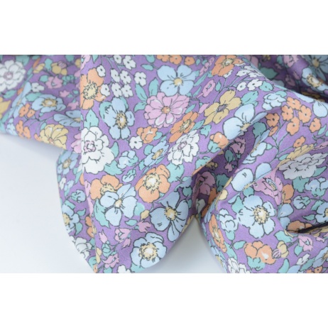 Cotton poplin, blue and pink meadow on purple background
