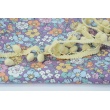Cotton poplin, blue and pink meadow on purple background