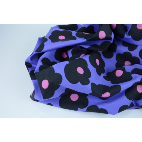 Cotton poplin, big, black flowers on a purple background