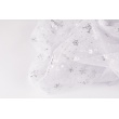 White tulle with silver metallic snowflakes.