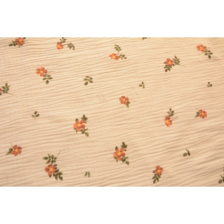 Double gauze 100% cotton brown flowers on a vanilla background II quality