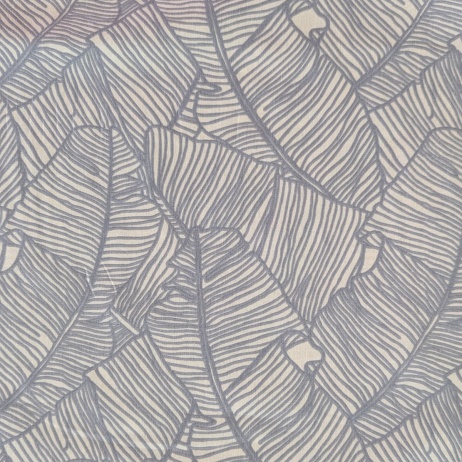 100% cotton, grey leaves on a cream background