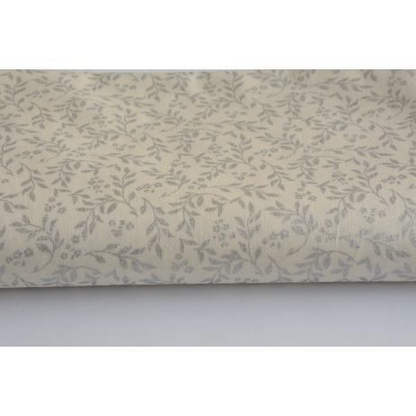 Cotton 100%, poplin with silver leaves on a cream background