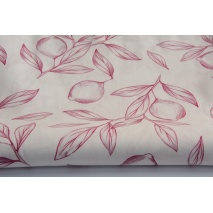 100% cotton, poplin with burgundy lemons on a white background