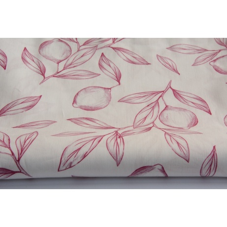 100% cotton, poplin with burgundy lemons on a white background