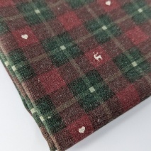 Decorative cotton, burgundy and green checkered pattern / hearts, reindeer