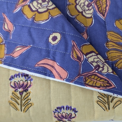 Quilted Cotton Fabric – Floral on Violet/ ornament on Butter Yellow