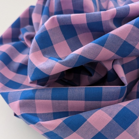 Double-sided 1.5 cm Vichy check, 100% cotton, pink-cornflower