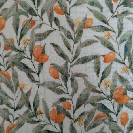 Double gauze, muslin 100% cotton orange fruits, yellow flowers