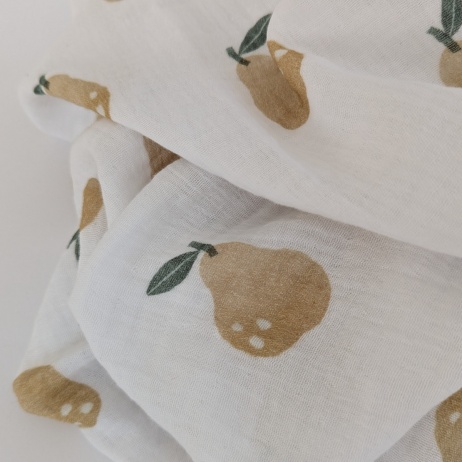 Double gauze, muslin 100% cotton pears on white