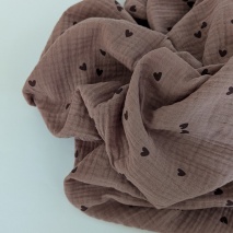 Double gauze, muslin 100% cotton brown hearts on mauve-brown