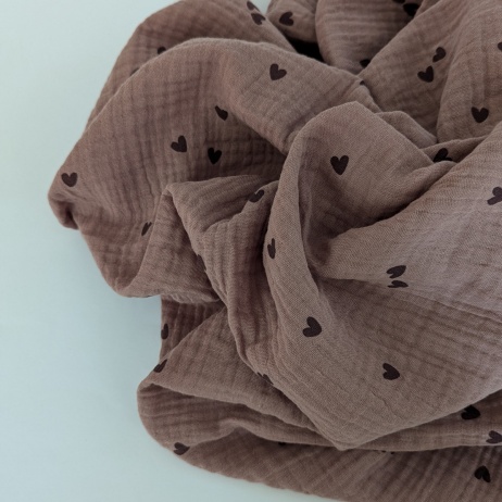 Double gauze, muslin 100% cotton brown hearts on mauve-brown