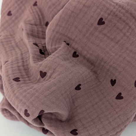 Double gauze, muslin 100% cotton plum hearts on dusty purple
