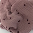 Double gauze, muslin 100% cotton plum hearts on dusty purple