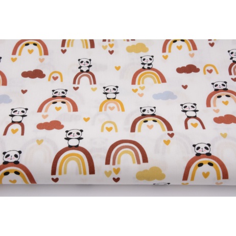 Cotton 100% pandas on brick red rainbows, poplin