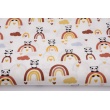 Cotton 100% pandas on brick red rainbows, poplin