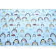 Cotton 100% pandas on brick red rainbows, poplin