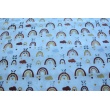 Cotton 100% pandas on brick red rainbows, poplin
