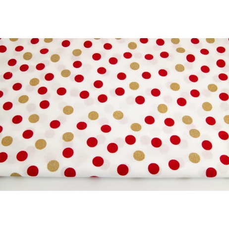 Cotton 100% bordeaux, gold dots 15mm on a white background