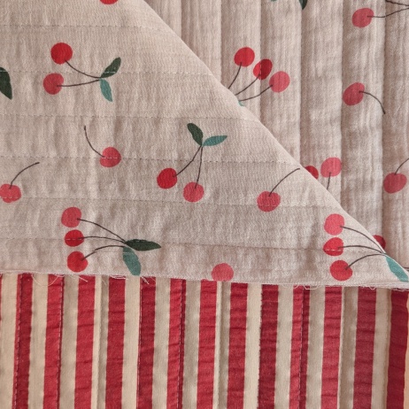 Quilted fabric, muslin cherries/seersucker stripes
