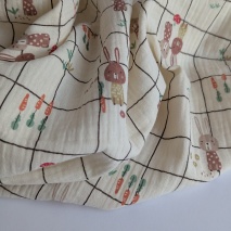 Cotton muslin, bunnies on a vanilla checkered background