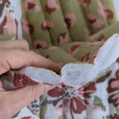 Quilted muslin, flowers/leopard print on an olive background