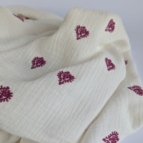 Cotton muslin, embroidered, burgundy ornament on a cream background
